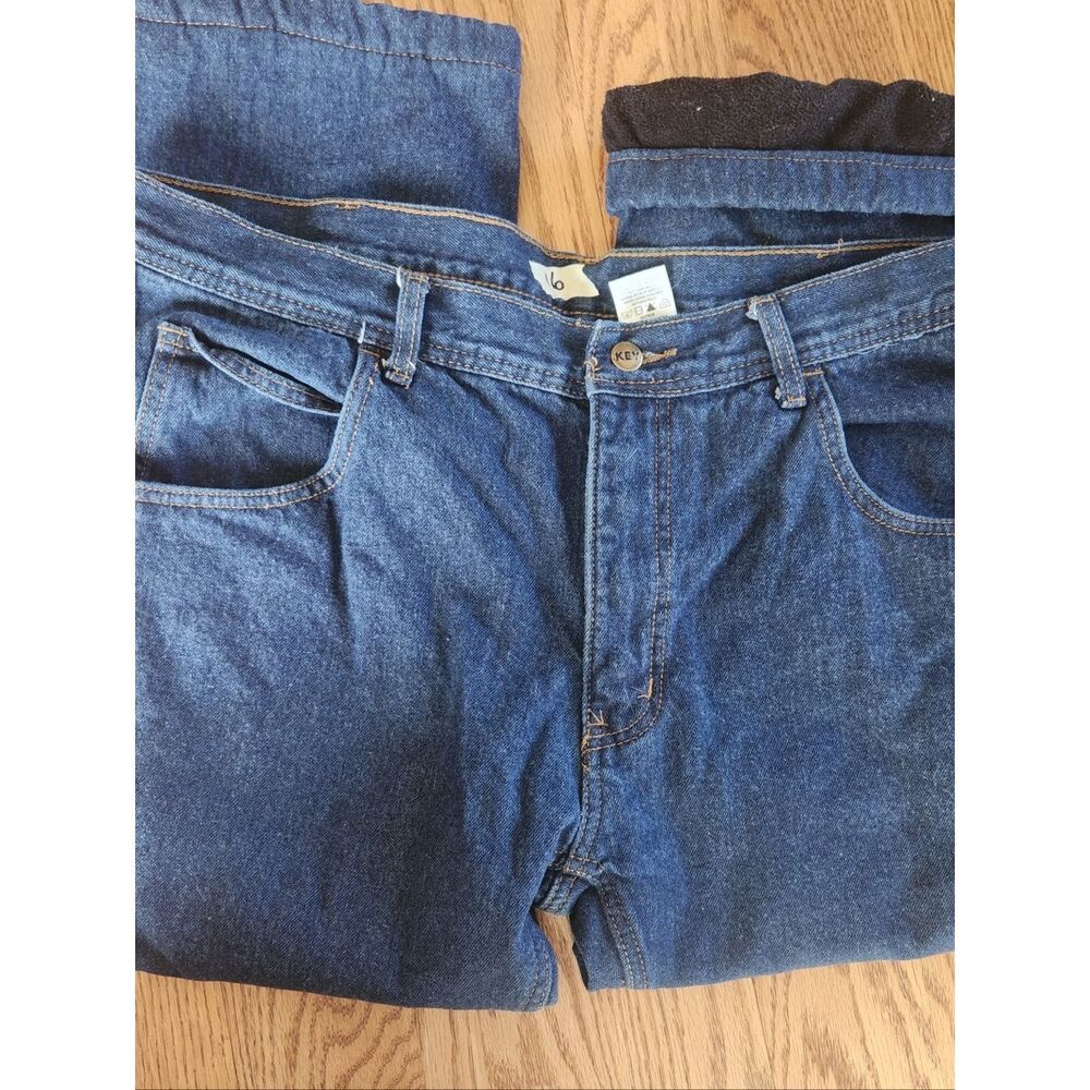 16 KEY Men's Dark Blue Denim Jeans - Black flannel lined Srraight Leg Sz 38 x 30